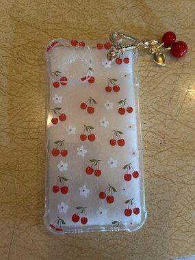 iPhone 14 Clear Cherry Print Phone Case with Red Charm